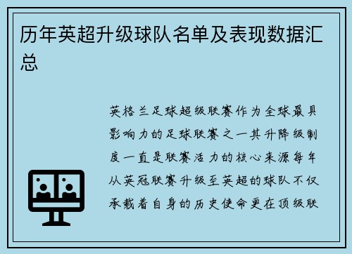 历年英超升级球队名单及表现数据汇总