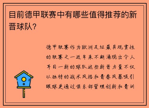 目前德甲联赛中有哪些值得推荐的新晋球队？
